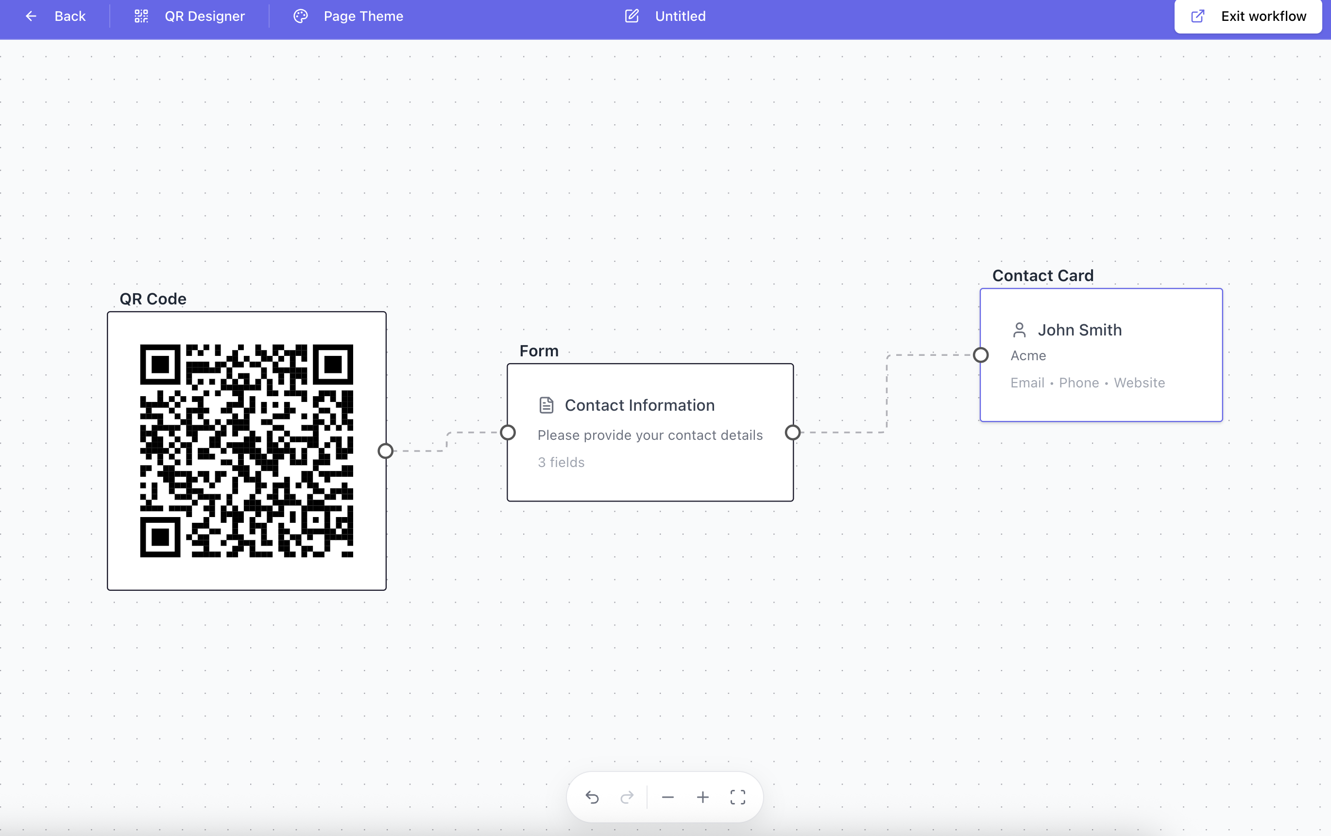 Interactive workflow builder with lead capture forms, password gates, and qualification steps before showing business card