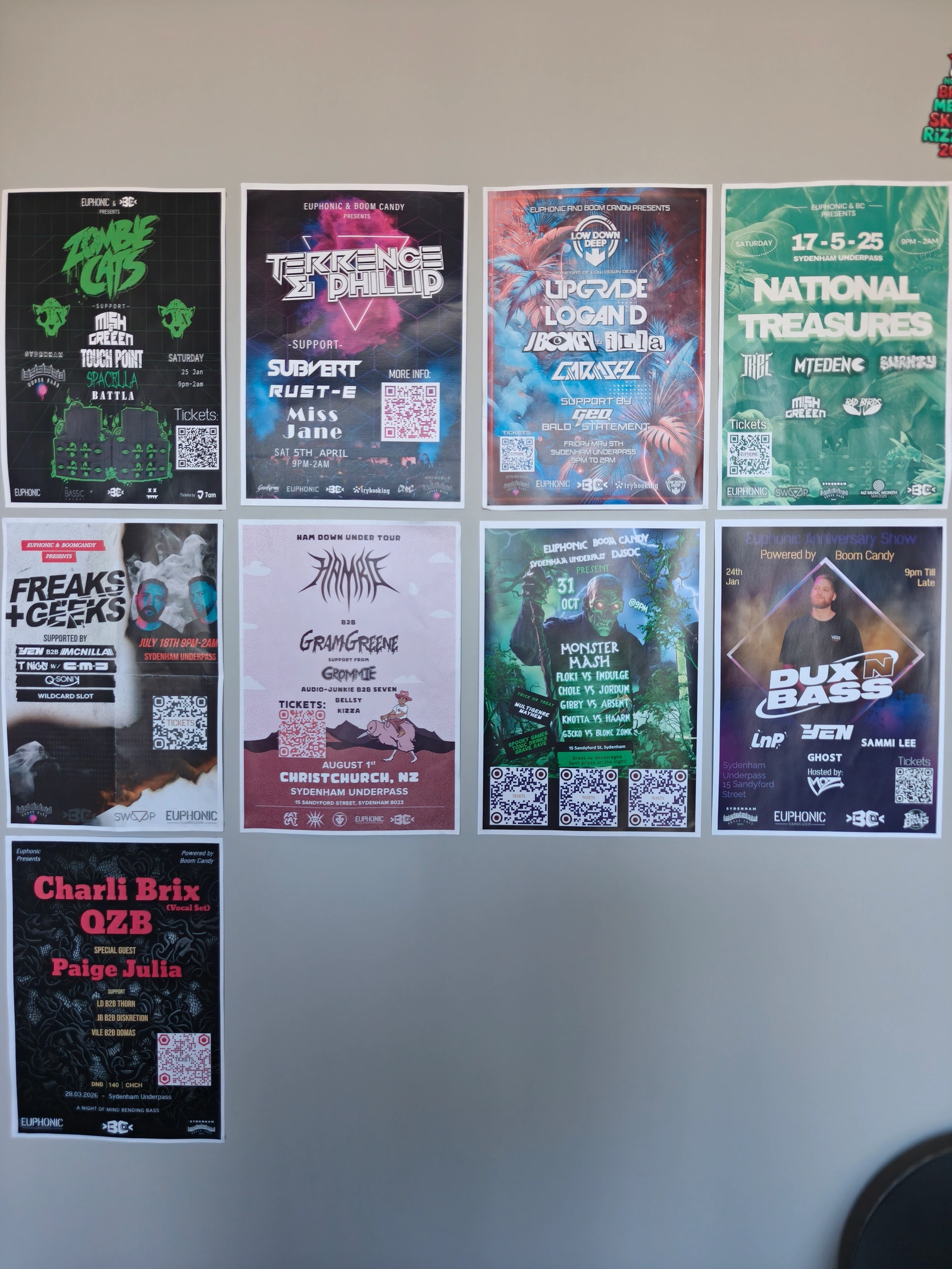 Collection of music event promotional posters with custom QR codes