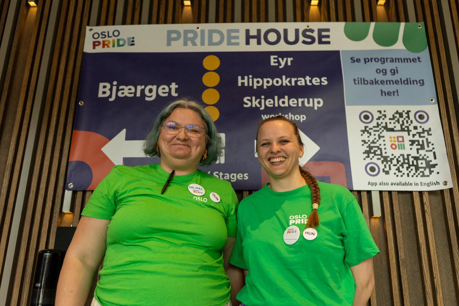 Oslo Pride event with large QR code display for accessing event schedule and information