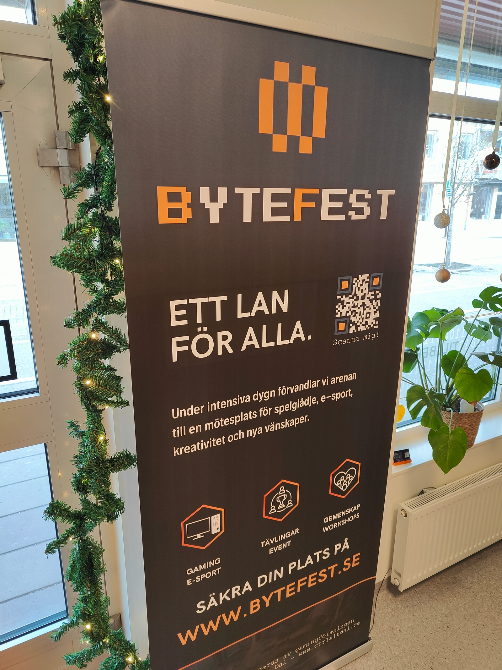 Bytefest LAN party event promotional poster with QR code