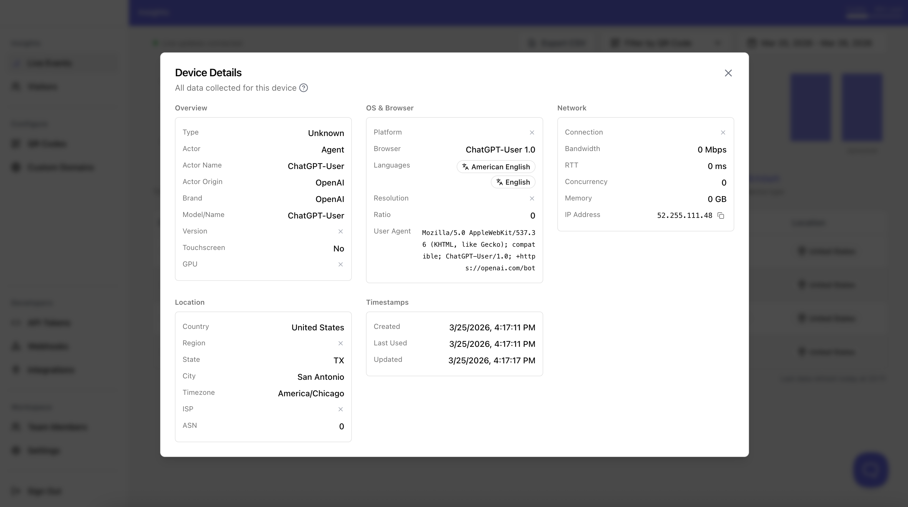 Device details showing Agent detection, ChatGPT-User, and OpenAI origin in Linkbreakers
